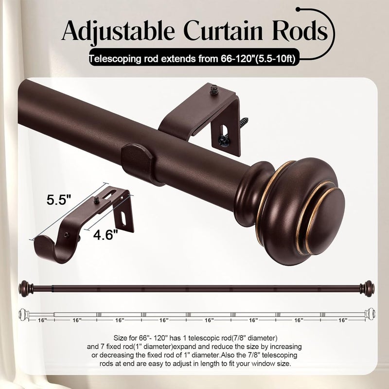 SIMEWIN Heavy Duty Curtain Rods for Windows 66 to 120 Inches, Bronze Curtain Rods for Bedroom, Living Room, Patio, Kitchen, Adjustable with Classic Finials - Image 5